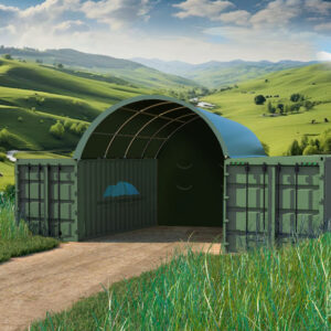 20x20ft (6x6m) Shipping Container Dome Shelter Green Incl Semi-Permanent End Wall